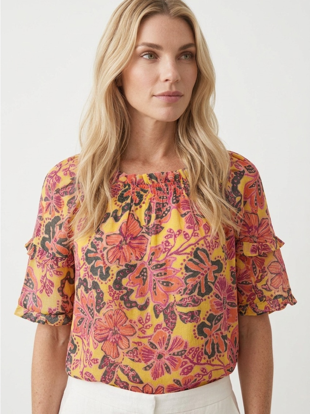 Nanette Lepore Women’s XS Pink Yellow Floral Smocked Neck Blousel Ruffle Sleeve